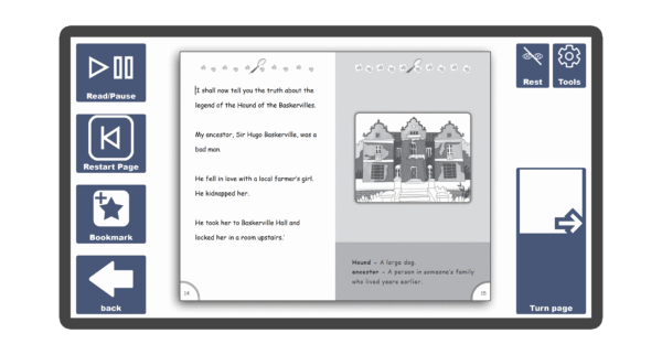 An image of a screen with an inside page spread of the book Sherlock Holmes: The Hound of Baskervilles in Candle Books software. Around the pages there are large blue cells saying read/pause, restart page, bookmark, rest, tools, and a large turn page button.