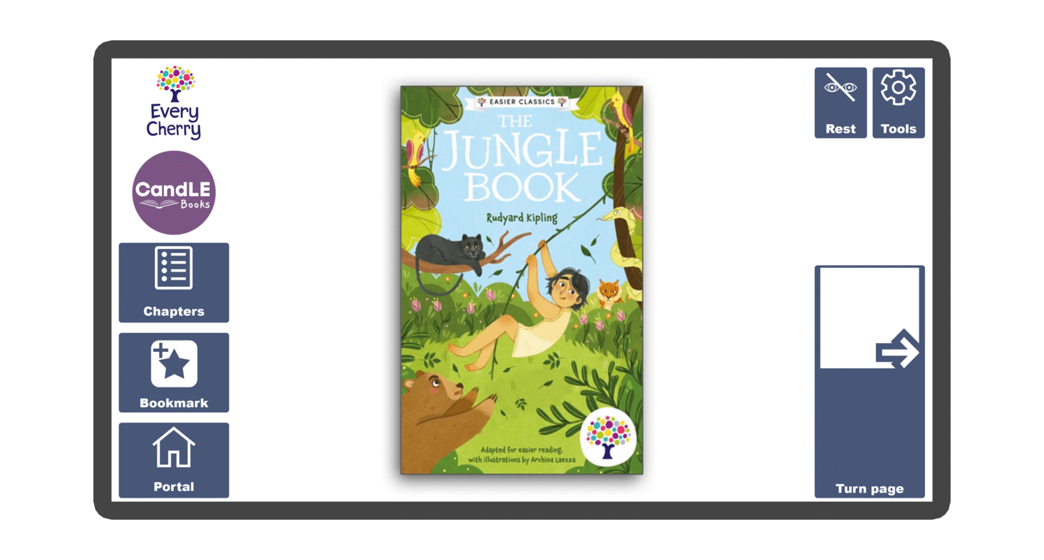 An image of a screen with the front cover of the book The Jungle Book Easier Classics Edition in Candle Books software. Around the front cover there are large blue cells saying bookmark, portal, rest, and a large turn page button. The Every Cherry and Candle Books logos are in the top left corner.