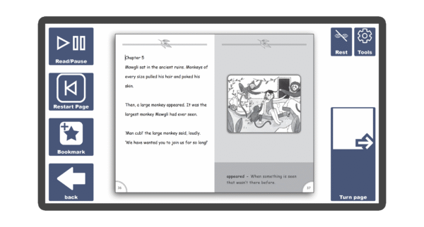 An image of a screen with an inside page spread of the book The Jungle Book Easier Classics Edition in Candle Books software. Around the pages there are large blue cells saying read/pause, restart page, bookmark, rest, tools, and a large turn page button.