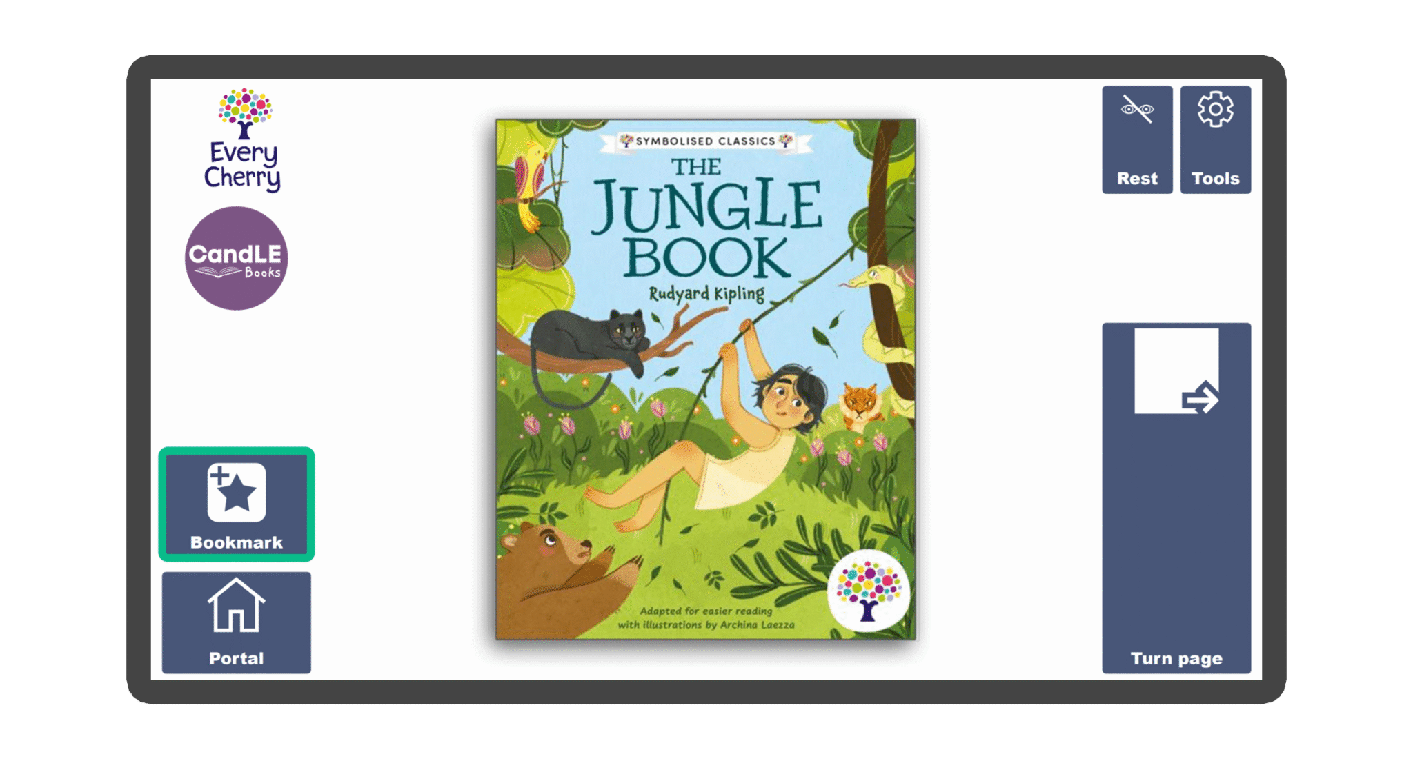 An image of a screen with the front cover of the book The Jungle Book Symbolised Edition in Candle Books software. Around the front cover there are large blue cells saying bookmark, portal, rest, and a large turn page button. The Every Cherry and Candle Books logos are in the top left corner.