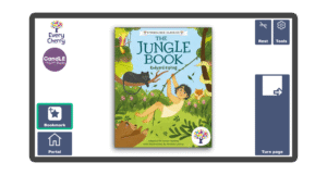 An image of a screen with the front cover of the book The Jungle Book Symbolised Edition in Candle Books software. Around the front cover there are large blue cells saying bookmark, portal, rest, and a large turn page button. The Every Cherry and Candle Books logos are in the top left corner.