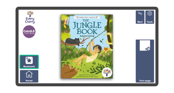 An image of a screen with the front cover of the book The Jungle Book Symbolised Edition in Candle Books software. Around the front cover there are large blue cells saying bookmark, portal, rest, and a large turn page button. The Every Cherry and Candle Books logos are in the top left corner.