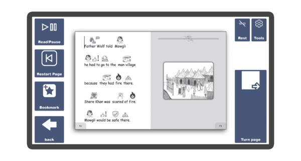 An image of a screen with an inside page spread of the book The Jungle Book Symbolised Edition in Candle Books software. Around the pages there are large blue cells saying read/pause, restart page, bookmark, rest, tools, and a large turn page button.