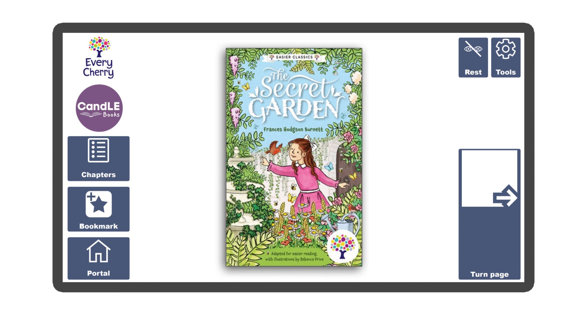 An image of a screen with the front cover of the book The Secret Garden in Candle Books software. Around the front cover there are large blue cells saying bookmark, portal, rest, and a large turn page button. The Every Cherry and Candle Books logos are in the top left corner.