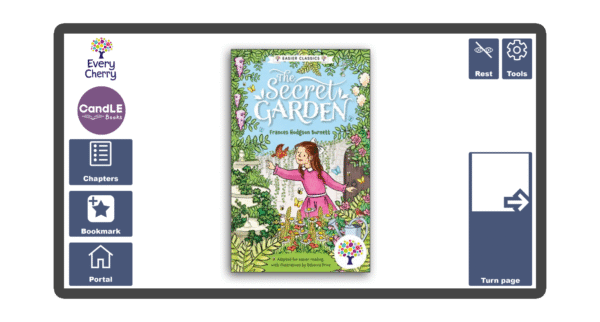 An image of a screen with the front cover of the book The Secret Garden in Candle Books software. Around the front cover there are large blue cells saying bookmark, portal, rest, and a large turn page button. The Every Cherry and Candle Books logos are in the top left corner.
