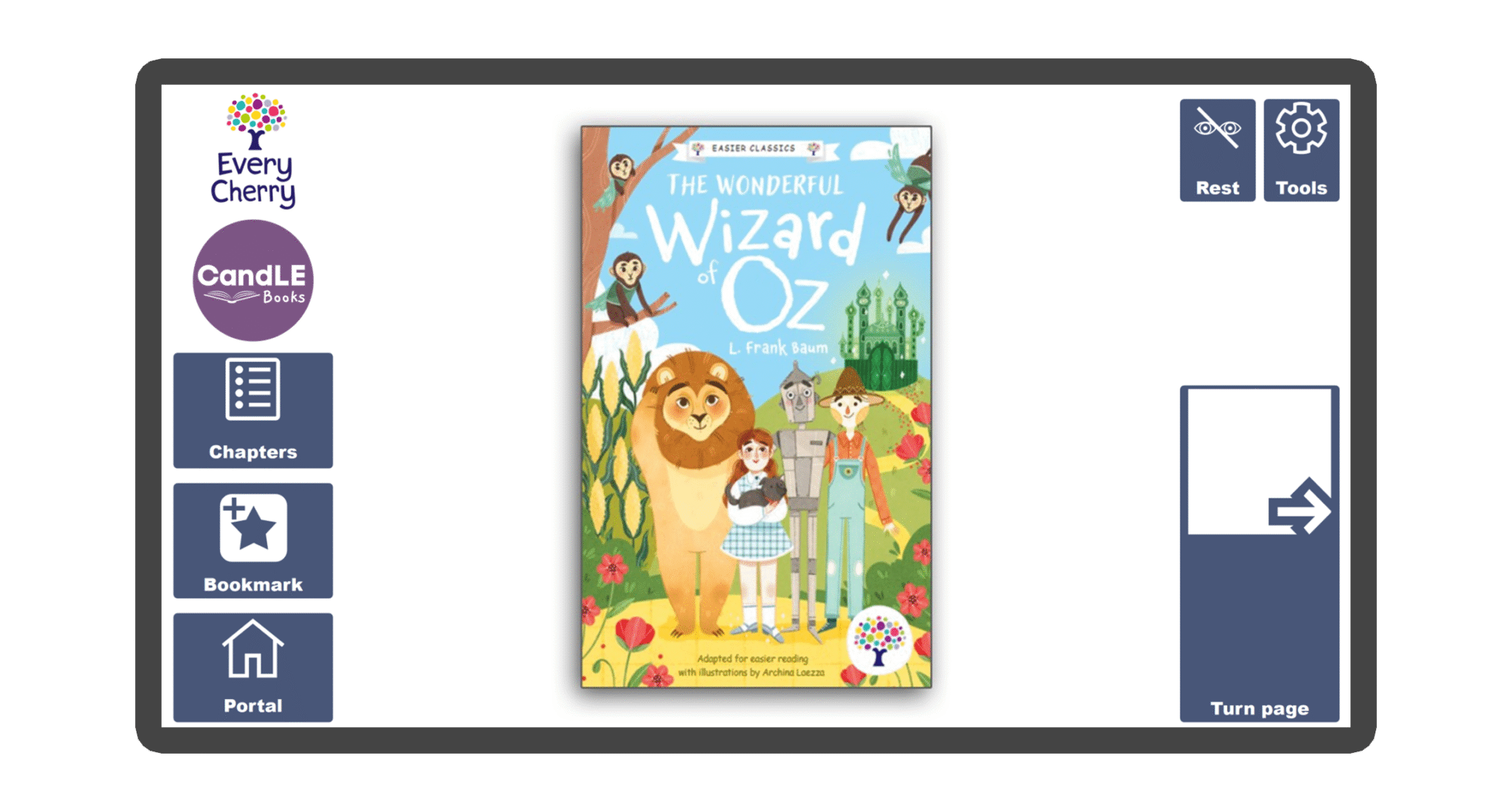 An image of a screen with the front cover of the book The Wonderful Wizard of Oz Easier Classics Edition in Candle Books software. Around the front cover there are large blue cells saying bookmark, portal, rest, and a large turn page button. The Every Cherry and Candle Books logos are in the top left corner.