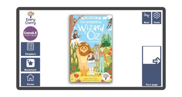 An image of a screen with the front cover of the book The Wonderful Wizard of Oz Easier Classics Edition in Candle Books software. Around the front cover there are large blue cells saying bookmark, portal, rest, and a large turn page button. The Every Cherry and Candle Books logos are in the top left corner.