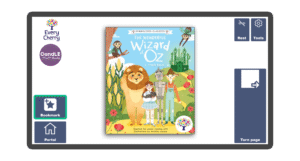 An image of a screen with the front cover of the book The Wonderful Wizard of Oz Symbolised Edition in Candle Books software. Around the front cover there are large blue cells saying bookmark, portal, rest, and a large turn page button. The Every Cherry and Candle Books logos are in the top left corner.