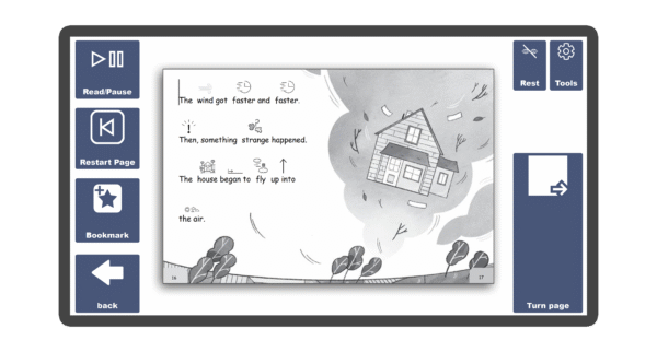 An image of a screen with an inside page spread of the book The Wonderful Wizard of Oz Symbolised Edition in Candle Books software. Around the pages there are large blue cells saying read/pause, restart page, bookmark, rest, tools, and a large turn page button.