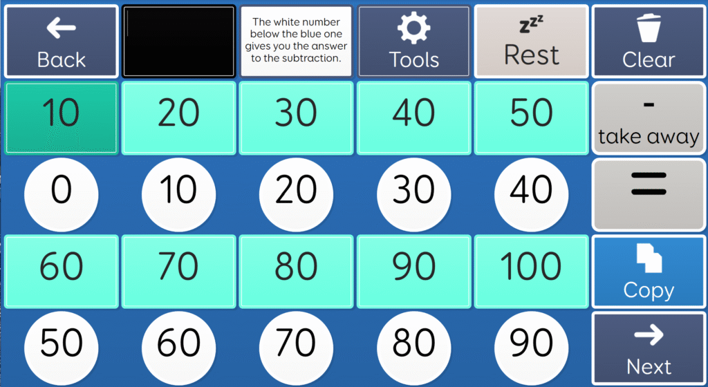 Screenshot of Grid3 with a sequence going up in tens to 100 showing a subtraction of 10.