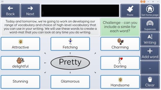 A mind map-style tool to demonstrated linked ideas. The student has added their ideas into the tool