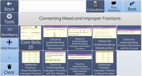 An example of the sections in a mainstream maths lesson for the student to follow. Within each section is the learning tasks to be completed for that section