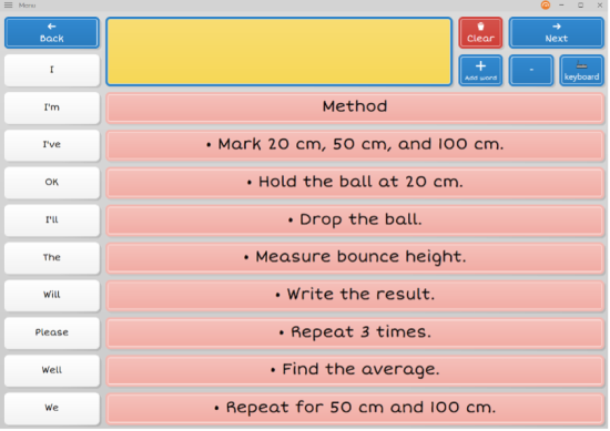 Step by step instructions for a science experiment. This gives a clear list in a process to follow on screen. Each instruction can be read aloud and read on screen